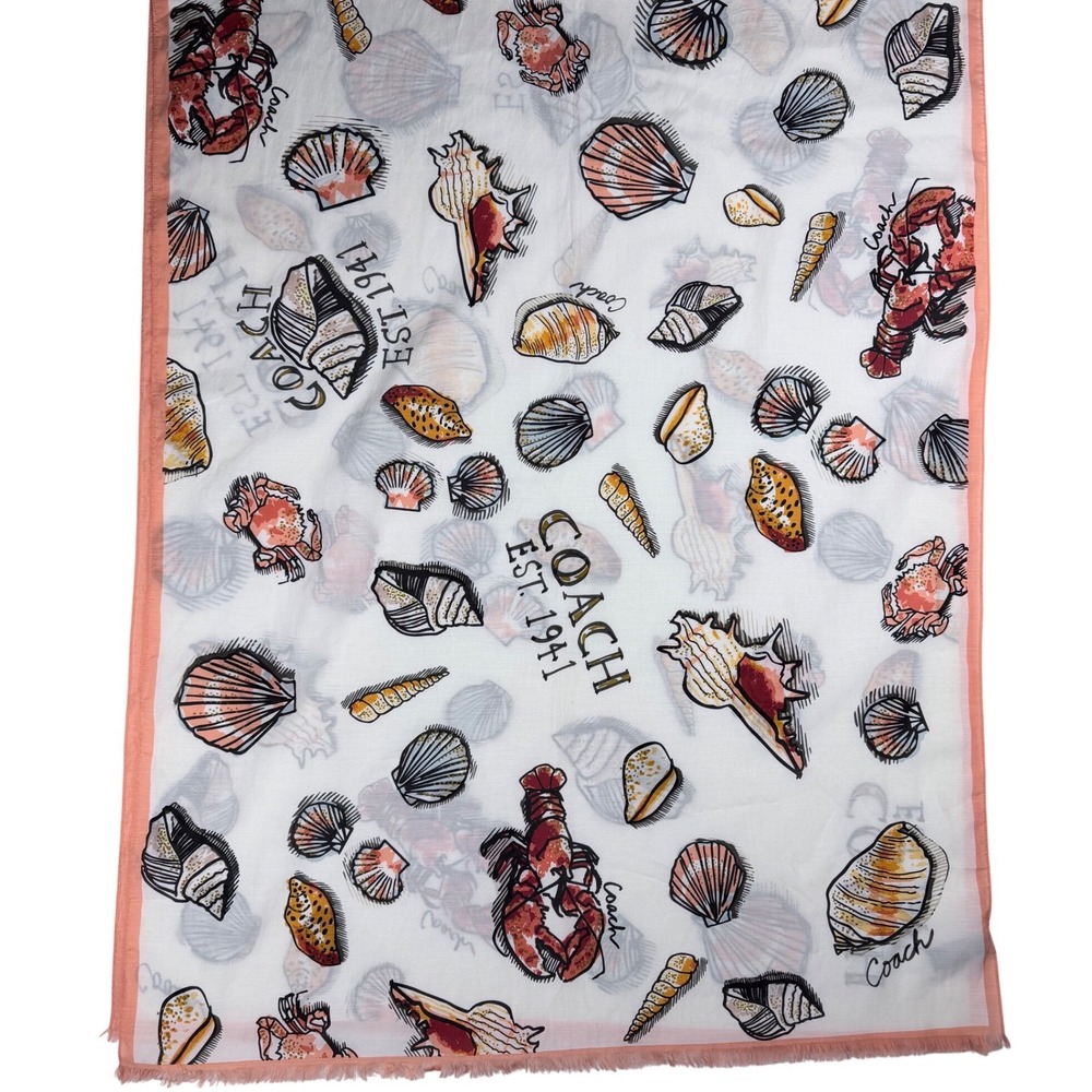 Coach Est1941 Cotton Silk Scarf Nautical Lobster Shell Print White Coral 27"x70"